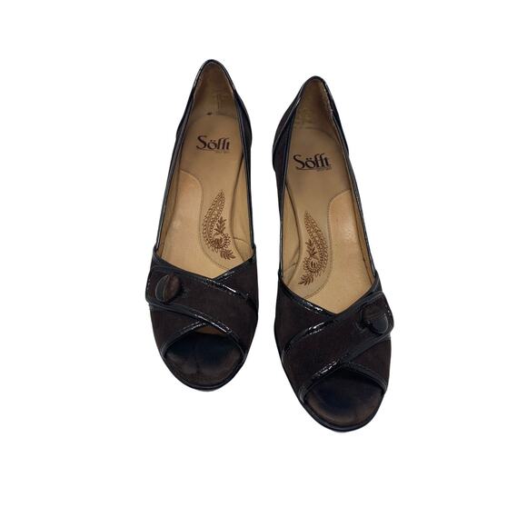 SOFT brown leather suede heels crossed peep toes shoes size 8.5 - Picture 8 of 8